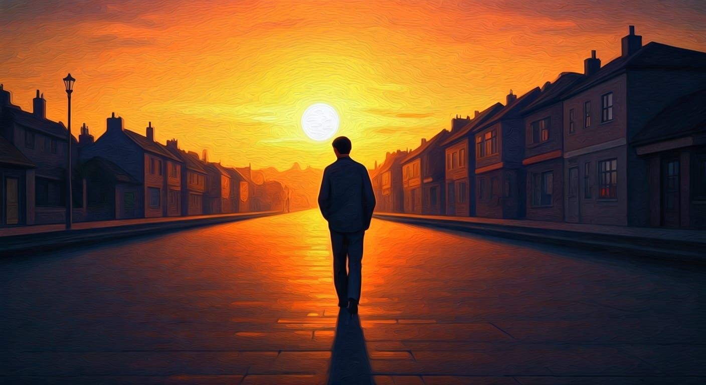 Person Walks Into Sunset: Hopper-esque Painting