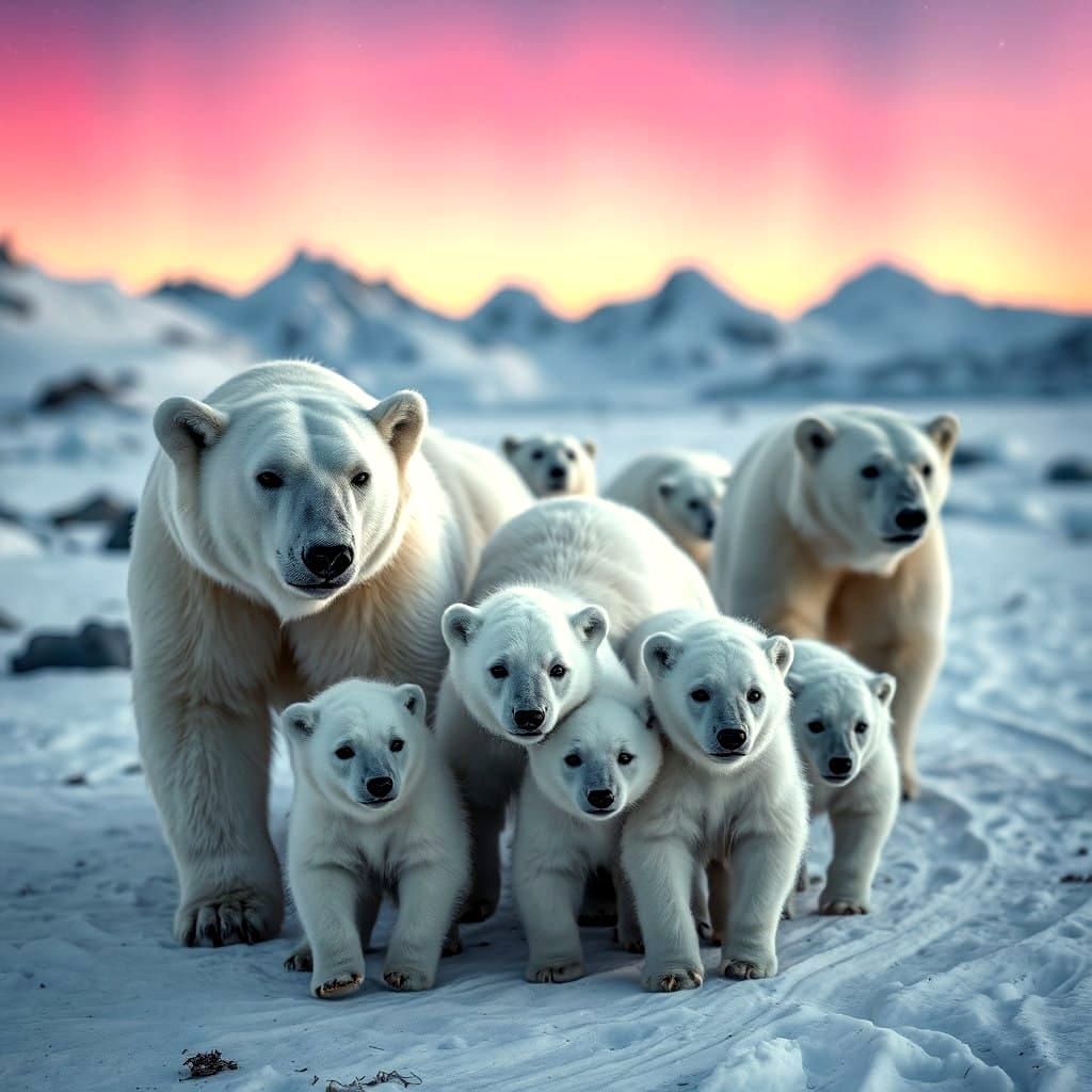 Northern Lights Illuminate Family of Polar Bears Roaming Ant...