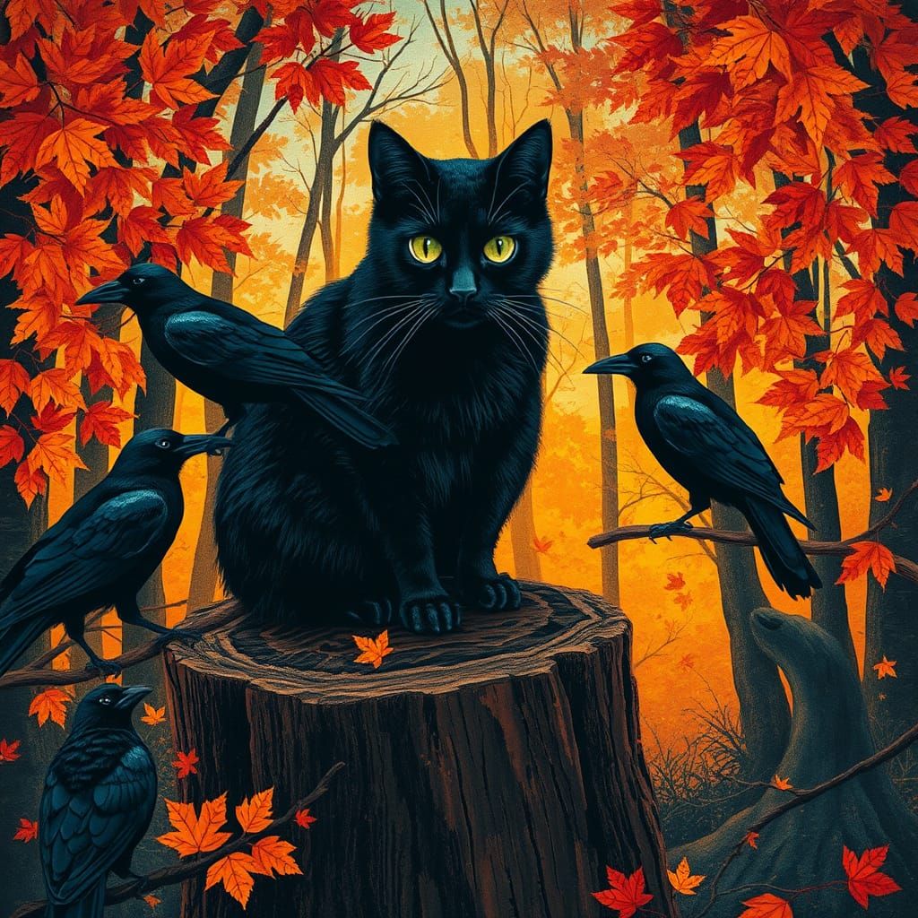 Black Cat and Crows in Autumnal Forest, Mixed Media