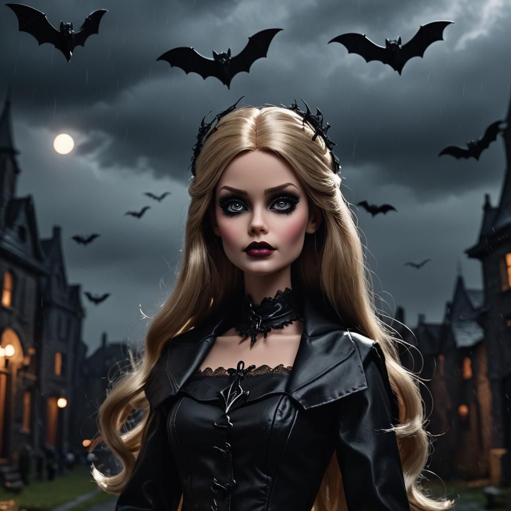 Gothic Barbie in Stormy Night, Cinematic Style