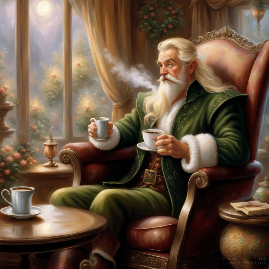 Blond Elf Comfortably Enjoying Coffee: Fantasy Style