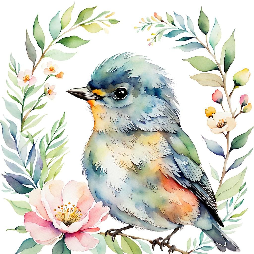 Whimsical Watercolor Portrait of a Baby Bird