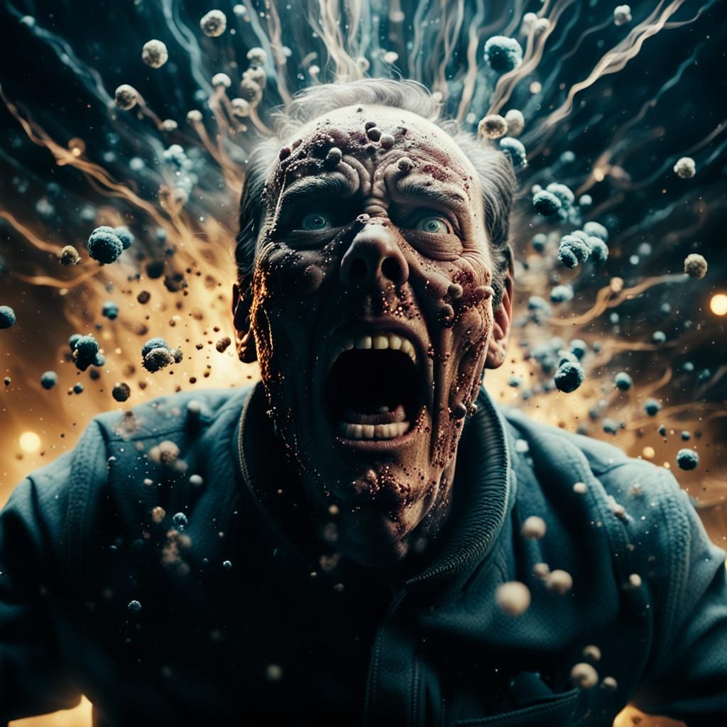 Terrified Person Disintegrating in Cinematic Film Still