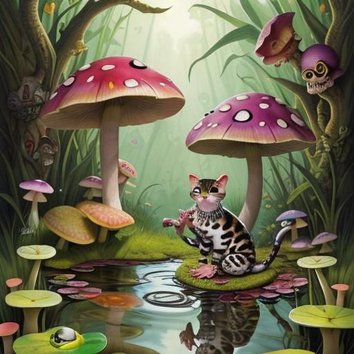 Surreal Kitten-Frog Hybrid in Snake Mouth, Pixar Style