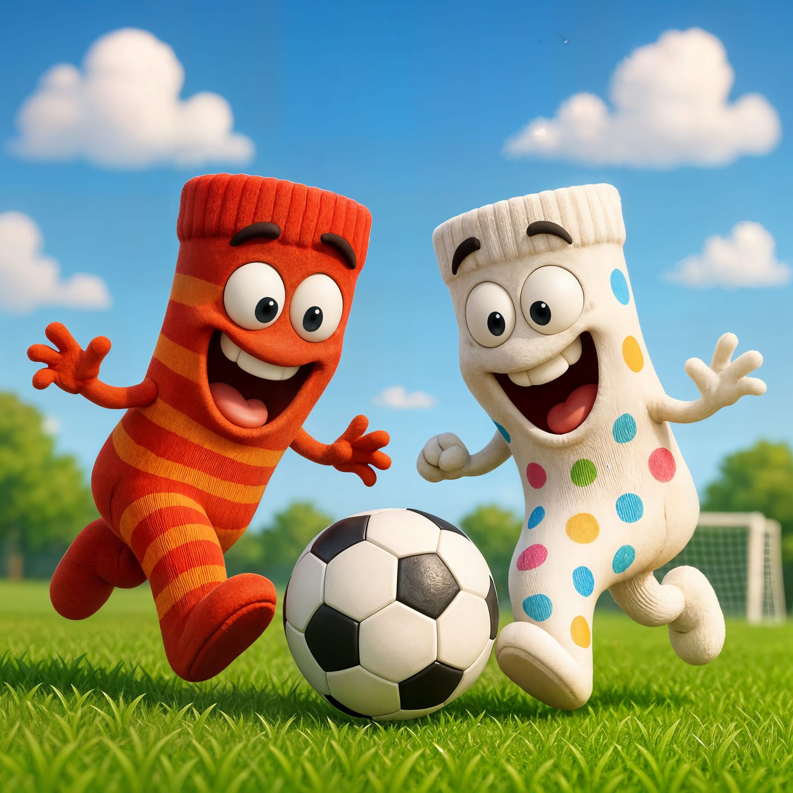 Cartoon Socks Play Soccer on a Sunny Day