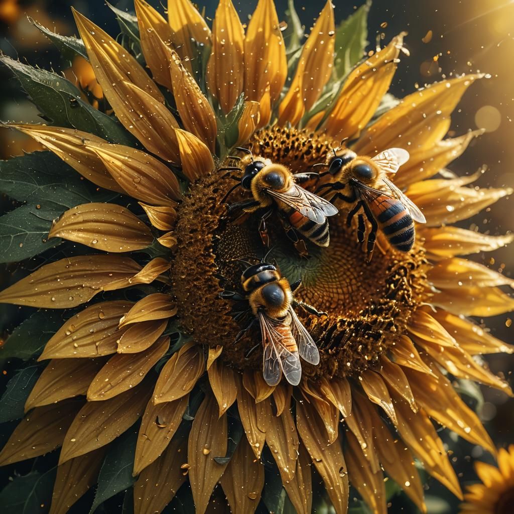 Bees on Sunflower in Cinematic Lighting