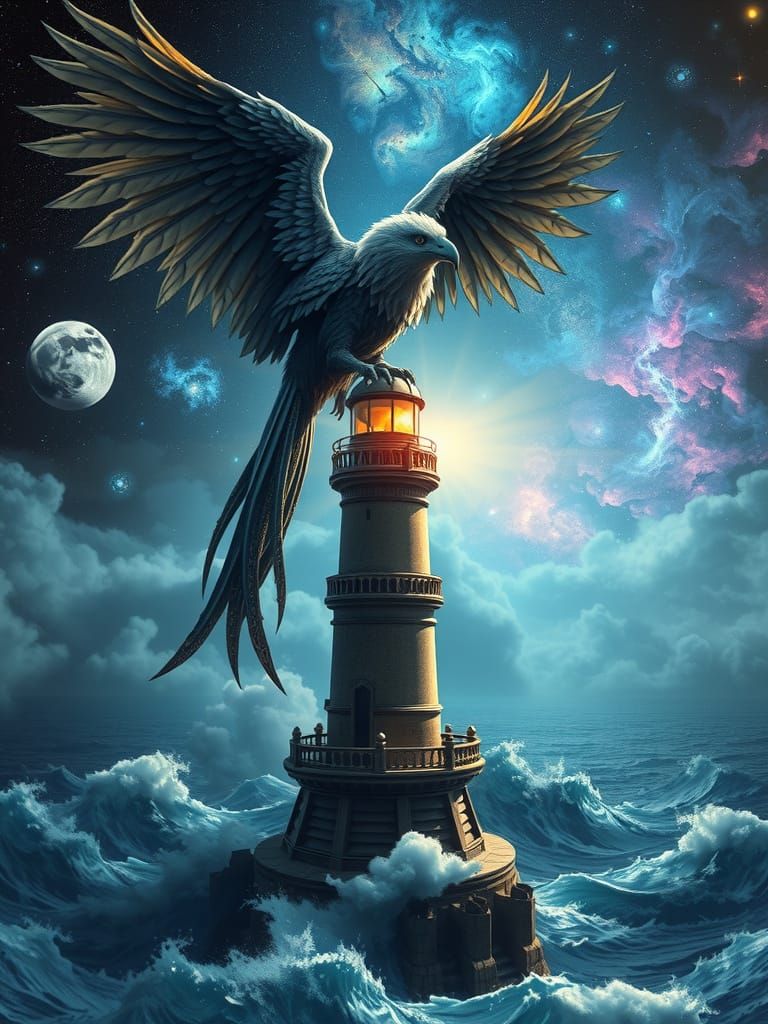 A majestic griffin perched atop a towering, steampunk-style ...