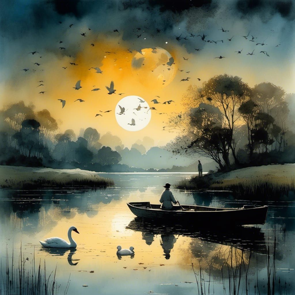 Moonlit Serenity on a Quiet Lake with Boat and Birds