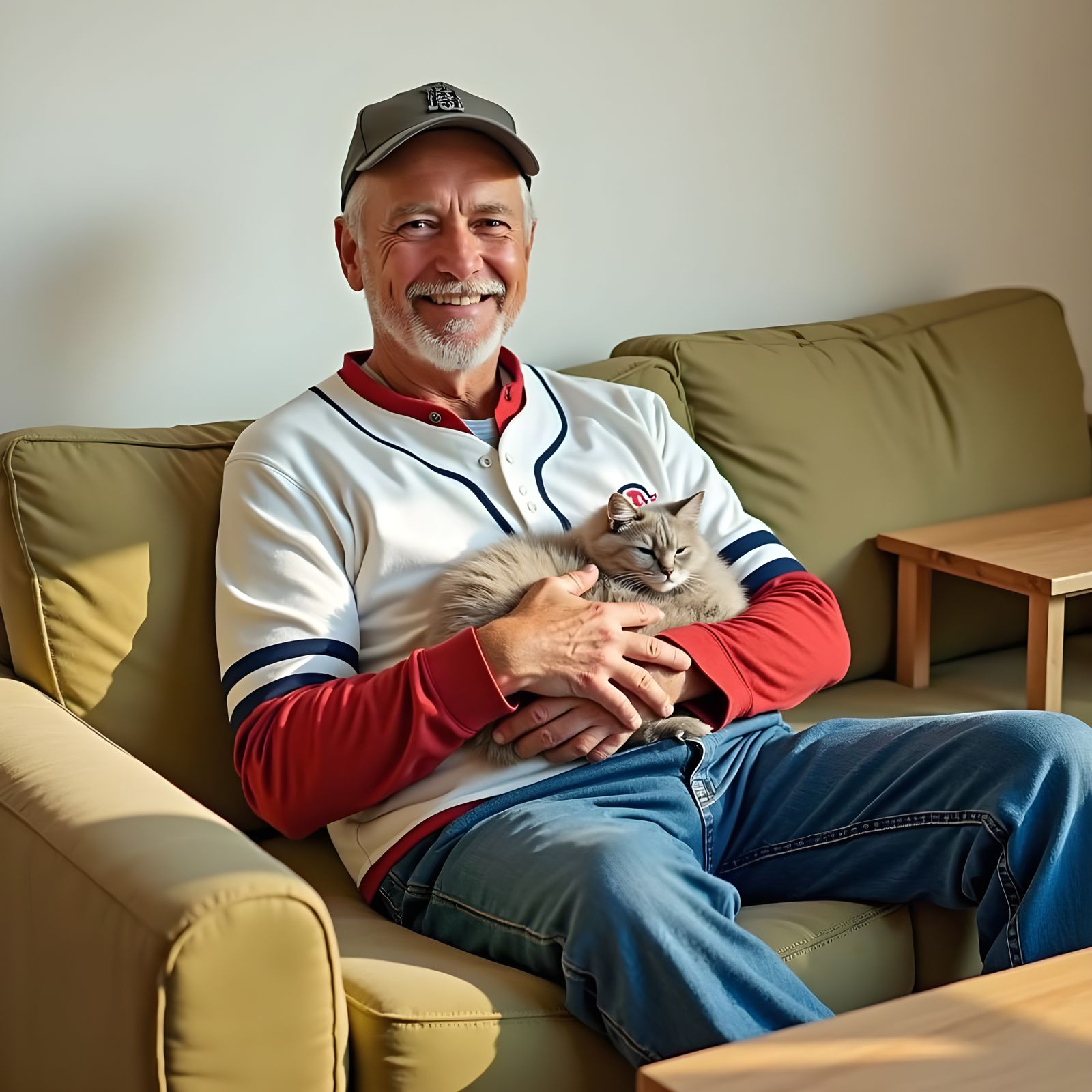 Friendly Man and Cat in Autumn Living Room