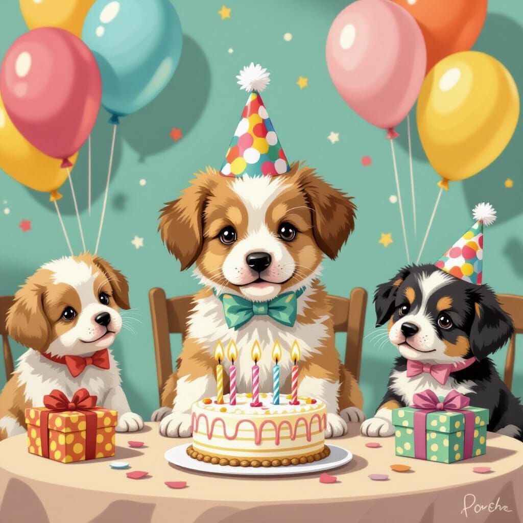 Puppy Birthday Party with Gifts and Cake