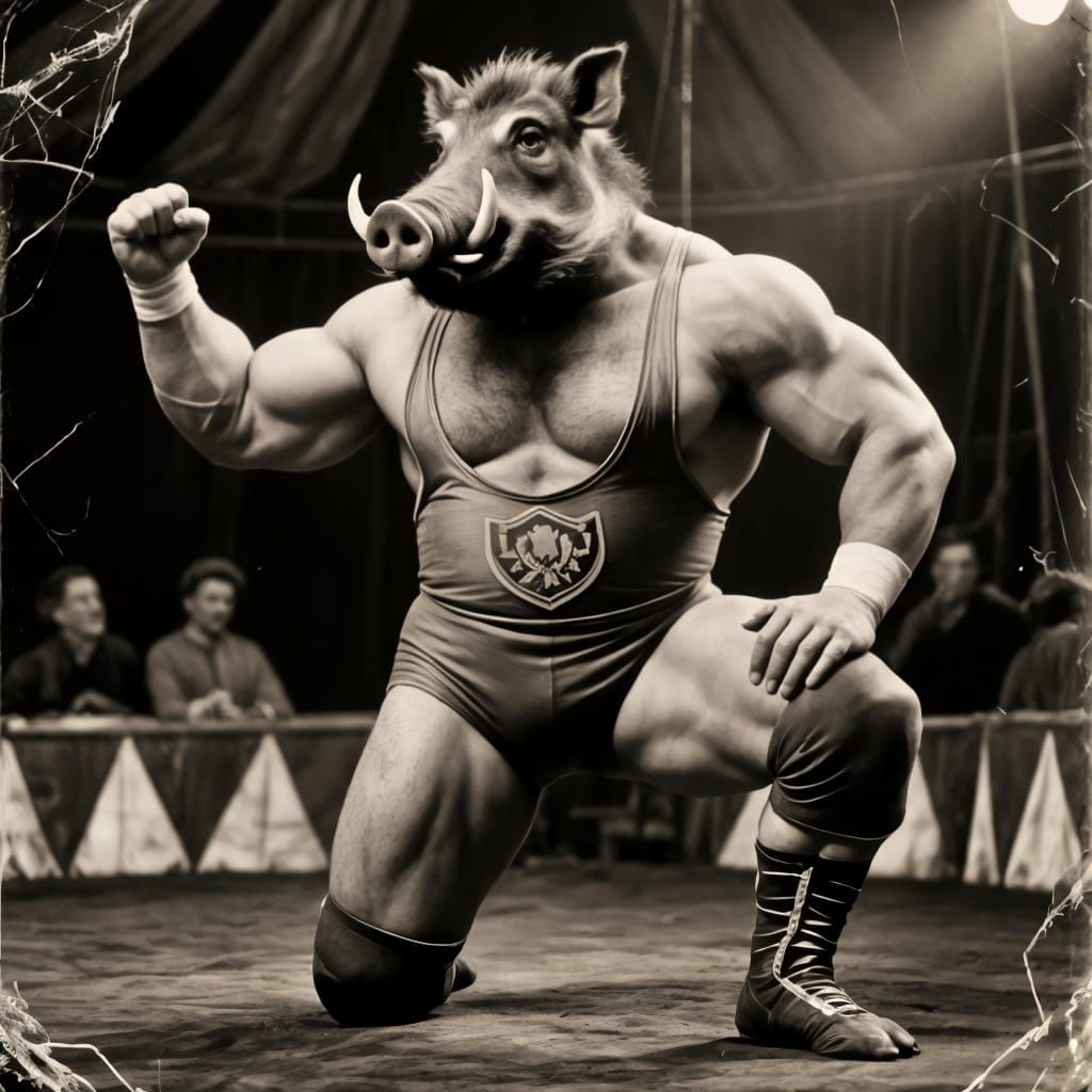 Vintage Daguerreotype: Boar Wrestler in Circus Setting