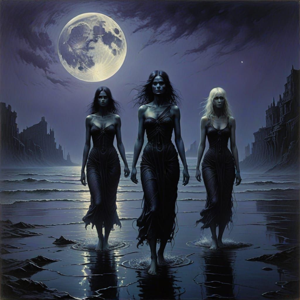 Gothic Women Emerging from Moonlit Sea in Dark Fantasy Art