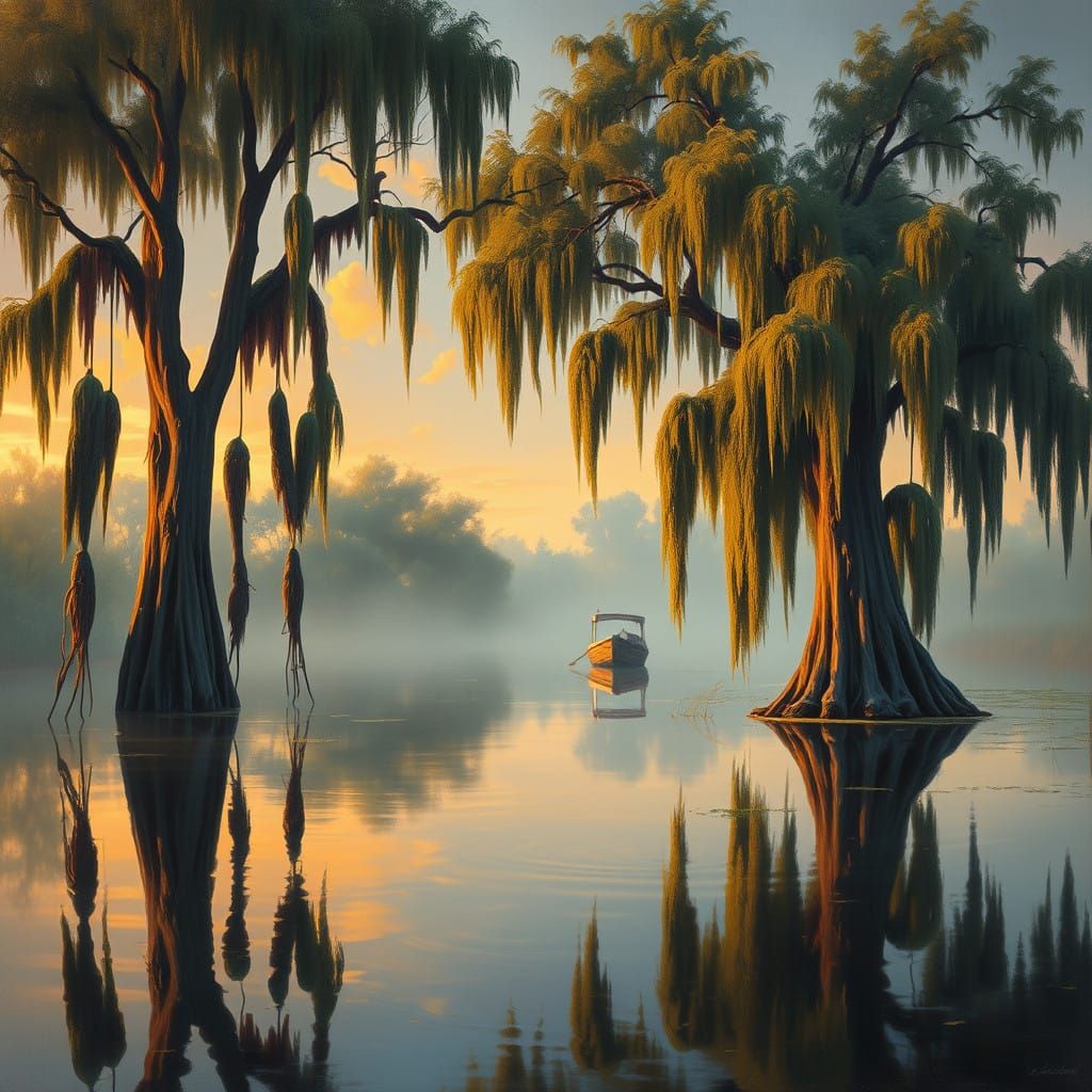Surreal Bayou Scene with Cypress Trees and Pirogue Boat