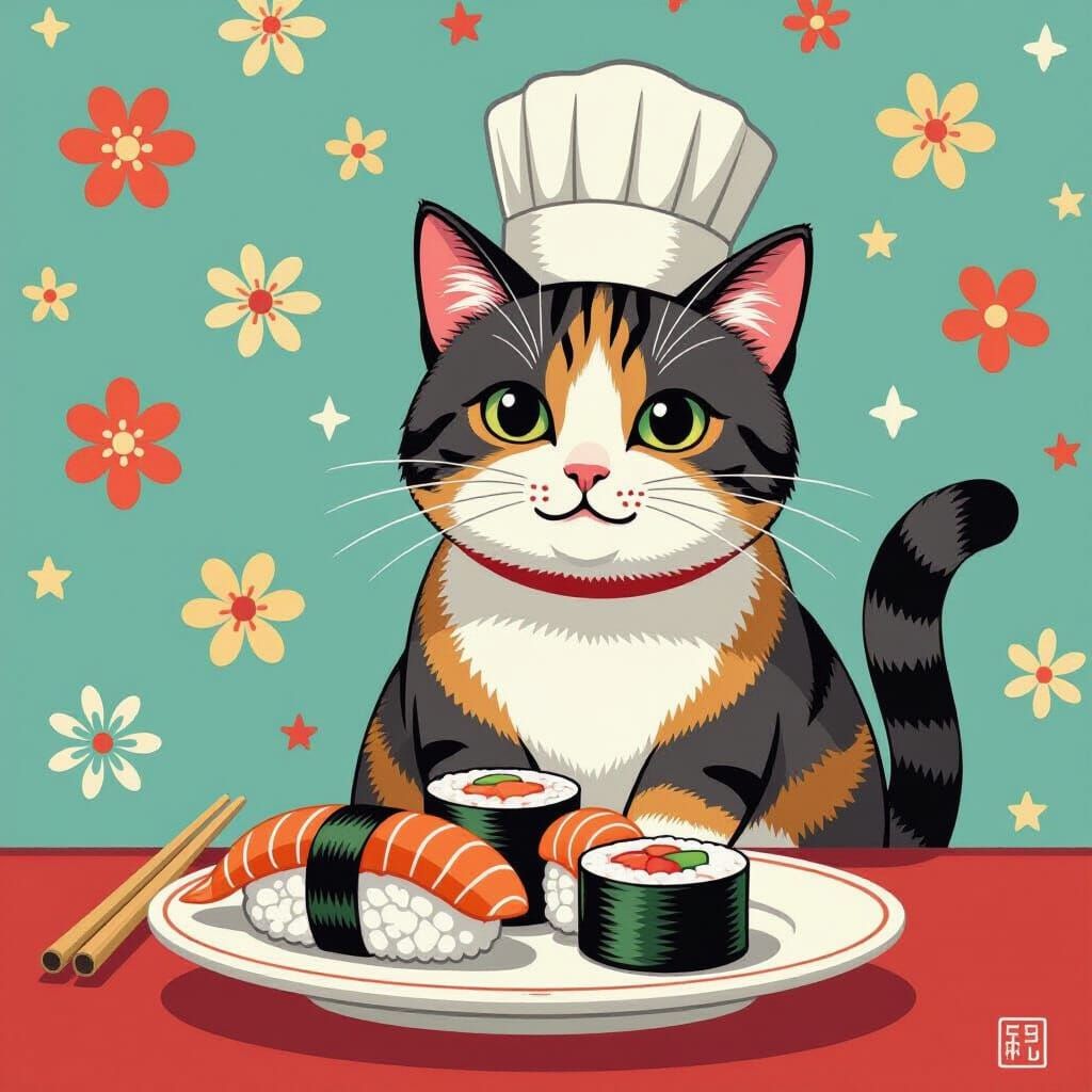 Sushi Chef Cat in Playful Pop Art Style