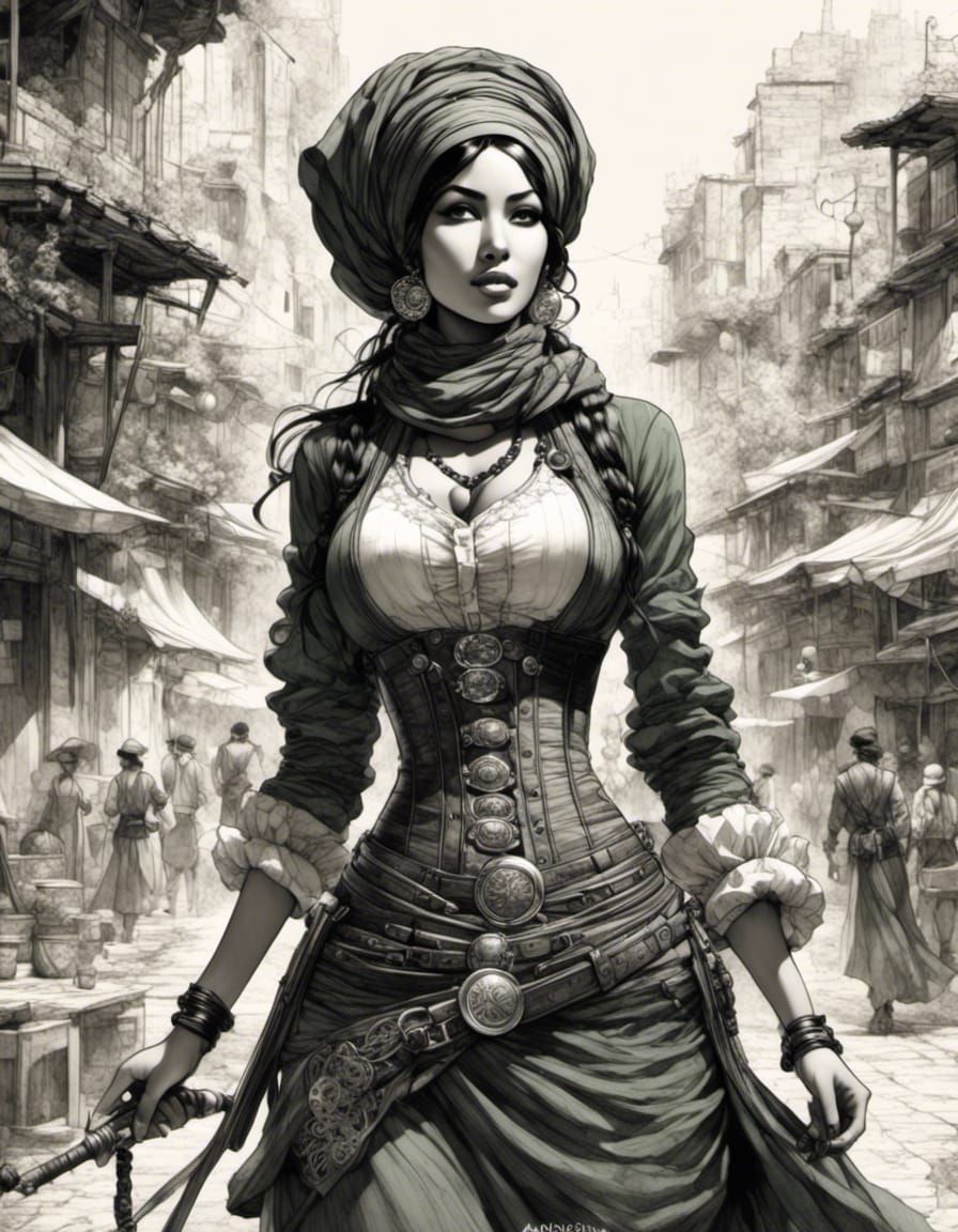 Steampunk Palestinian Woman Portrait in Ink