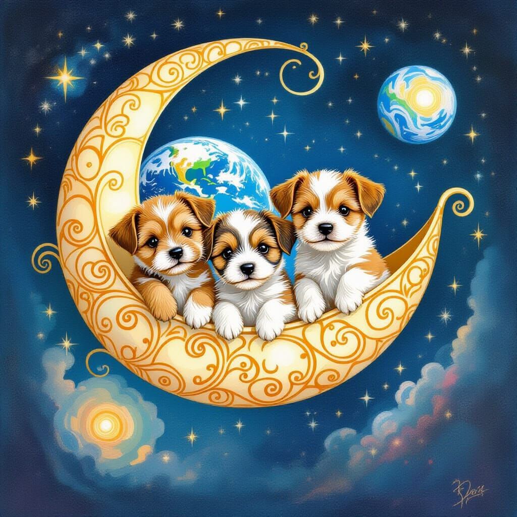 Terrier Puppies Soaring Through Space in Watercolor Oil Pain...