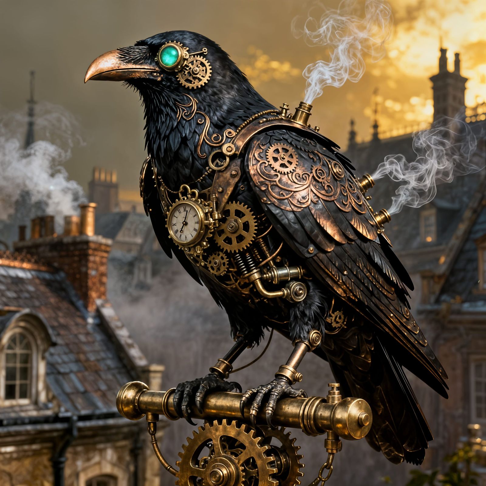 Steampunk Raven with Clockwork Eyes on Brass Perch