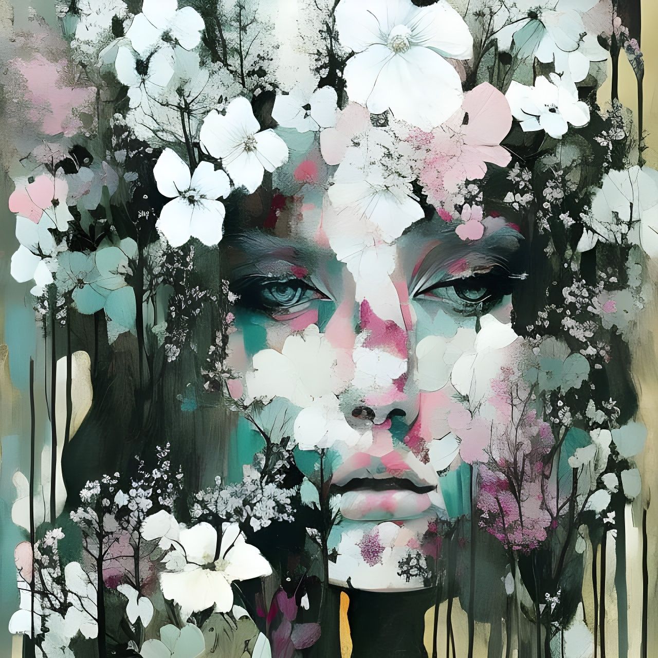 Ghost Woman Portrait with Flowers, Oil on Canvas