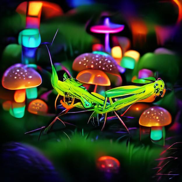 Psychedelic Neon Grasshopper Among Glowing Mushrooms