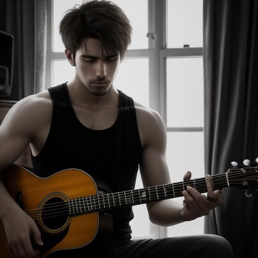 Hyperrealistic Young Man Tuning Guitar