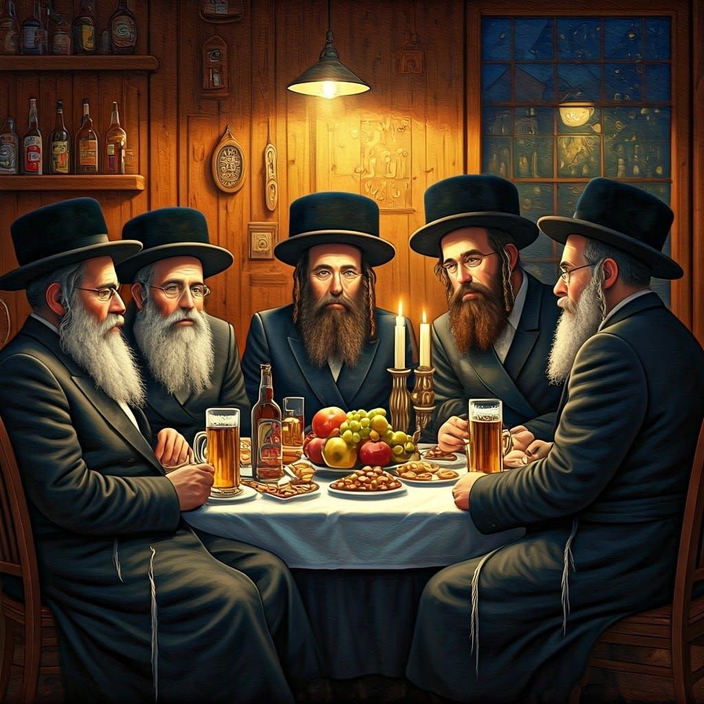 Hasidic Gathering in Cozy Café: Painting in Earthy Tones