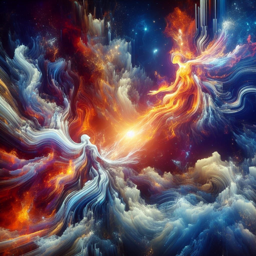 Fire and Water Pillars Clash in Cosmic Illustration