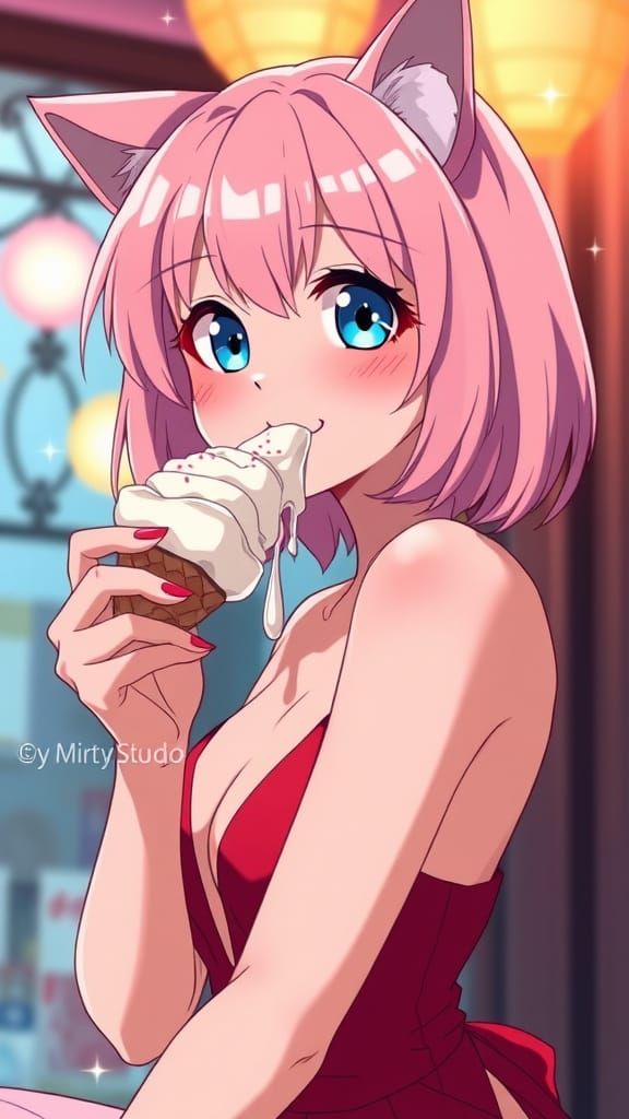 Anime Catgirl Eats Ice Cream, Ghibli Style