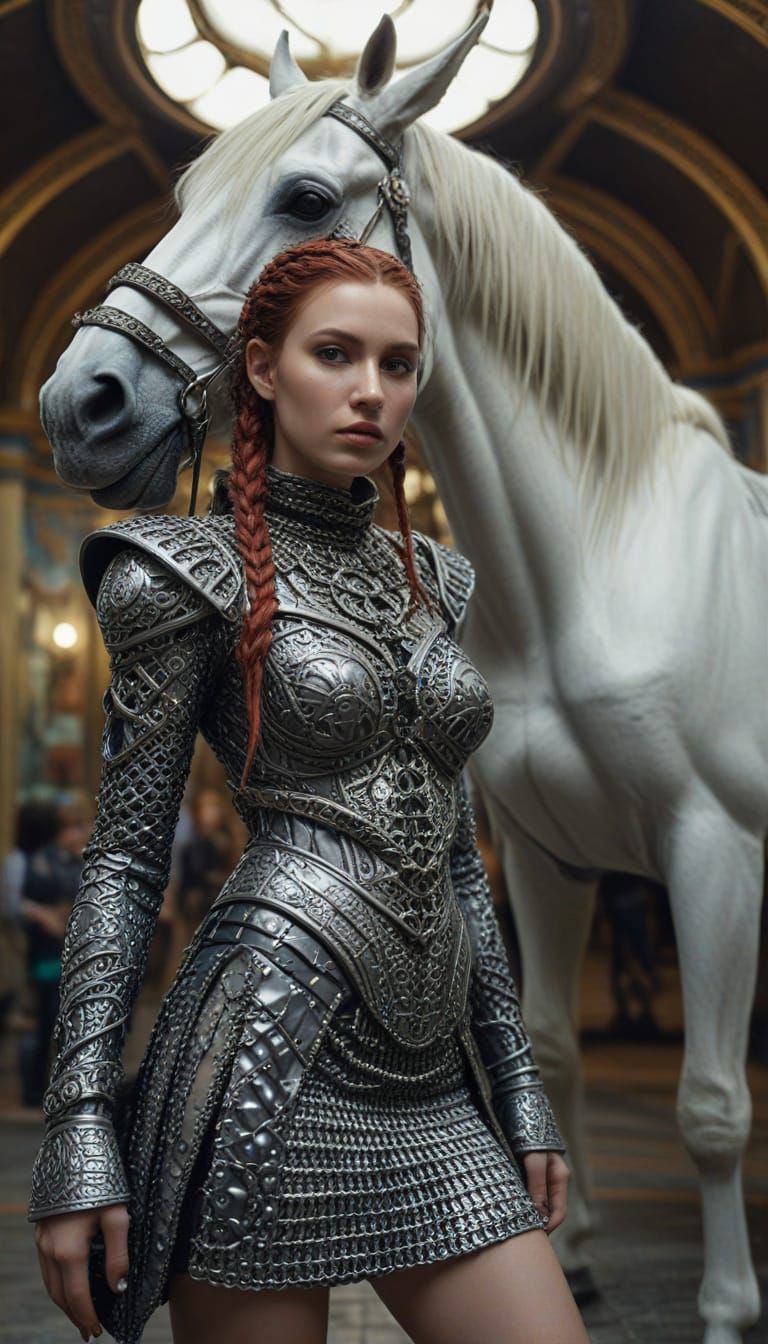 Model in Chainmail with Horse, Surreal Y2K Aesthetic