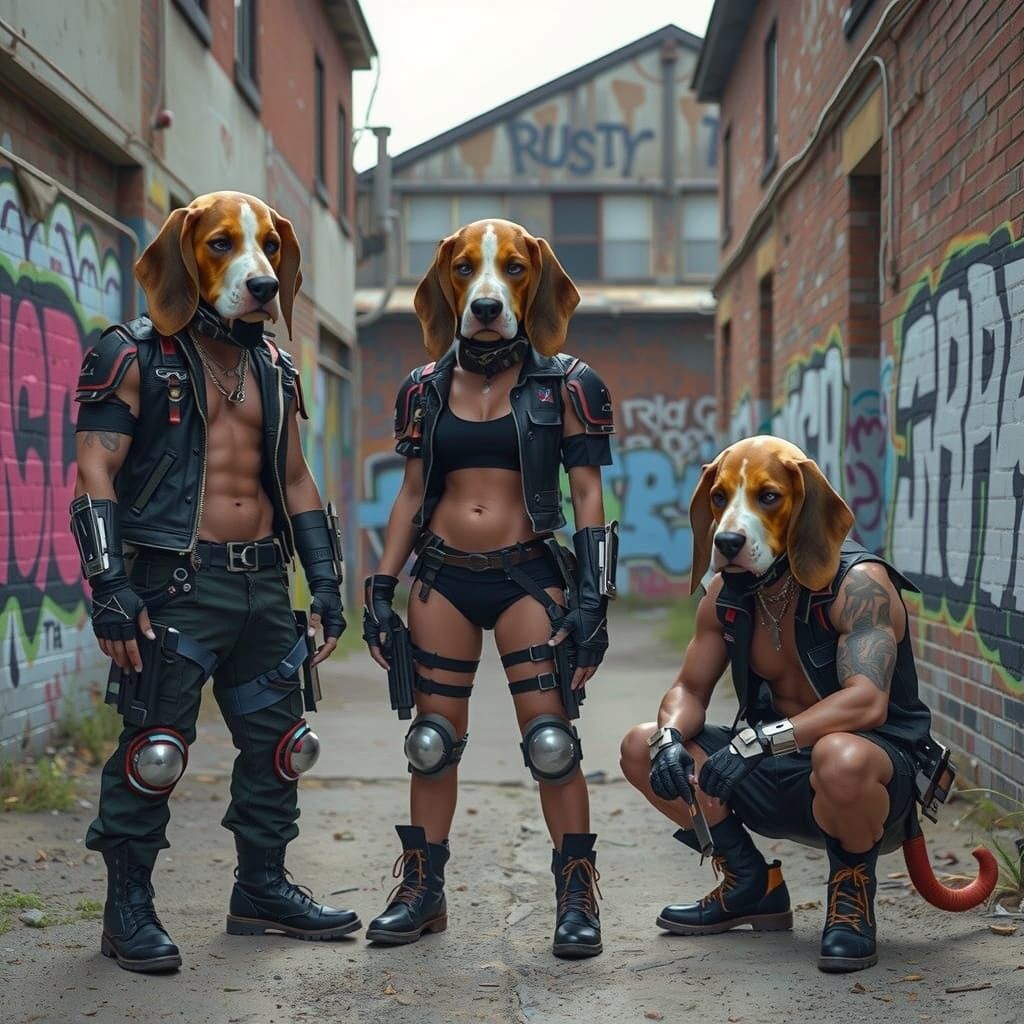 Cyberpunk Basset Hound Gang in Warehouse Yard