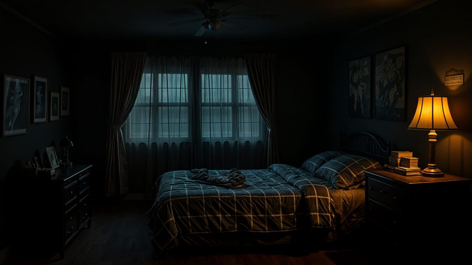 Cozy Dark Military Bedroom Interior at Night