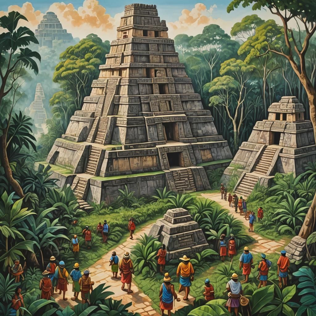 Lost Mayan City in Detailed Gouache Painting