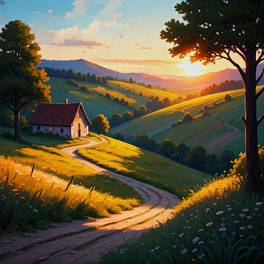 Impressionistic Oil Painting of Sunset Hills and Cottage