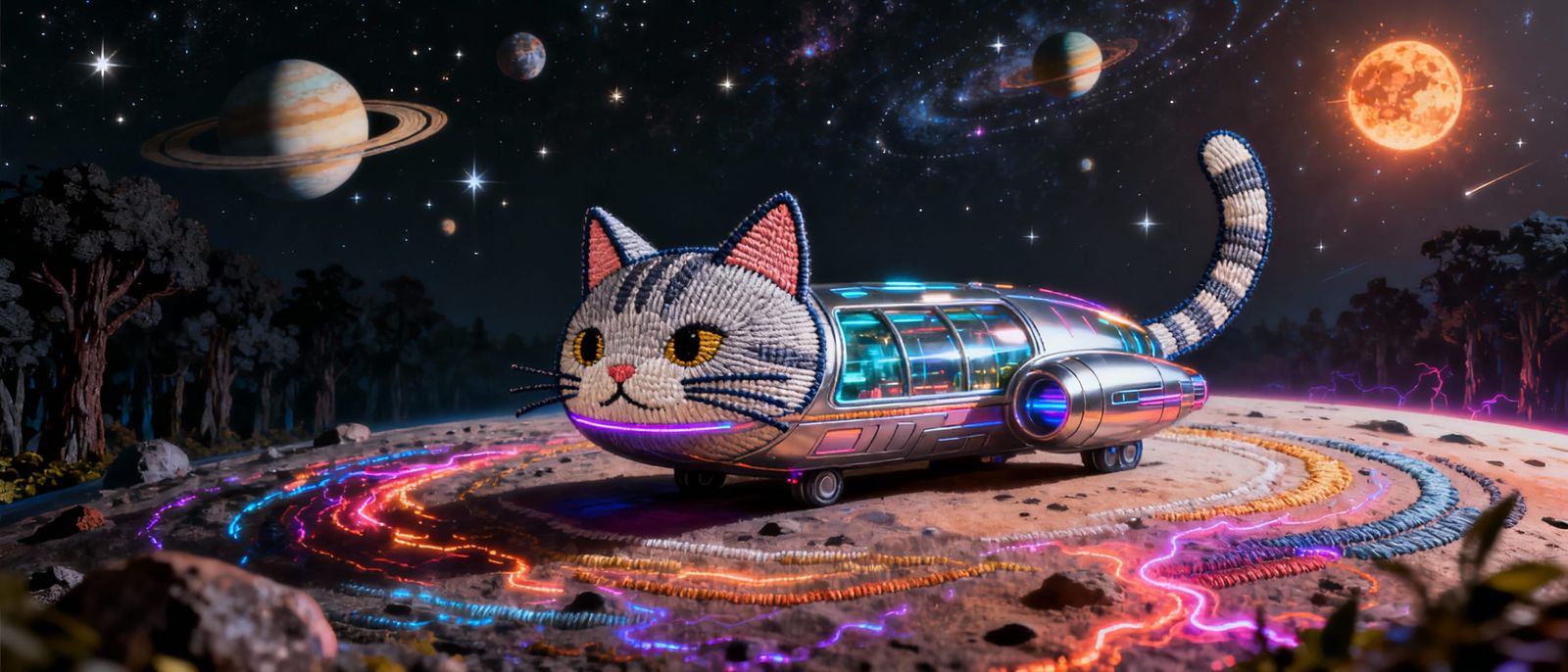 Cat Spaceship on Alien Planet, Neon Fantasy Art