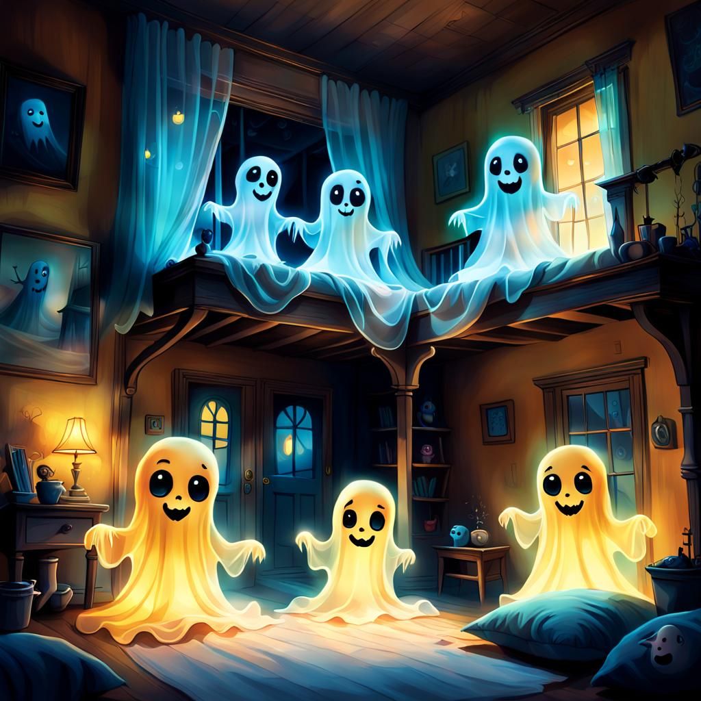Playful Ghosts in Cozy House: Digital Illustration