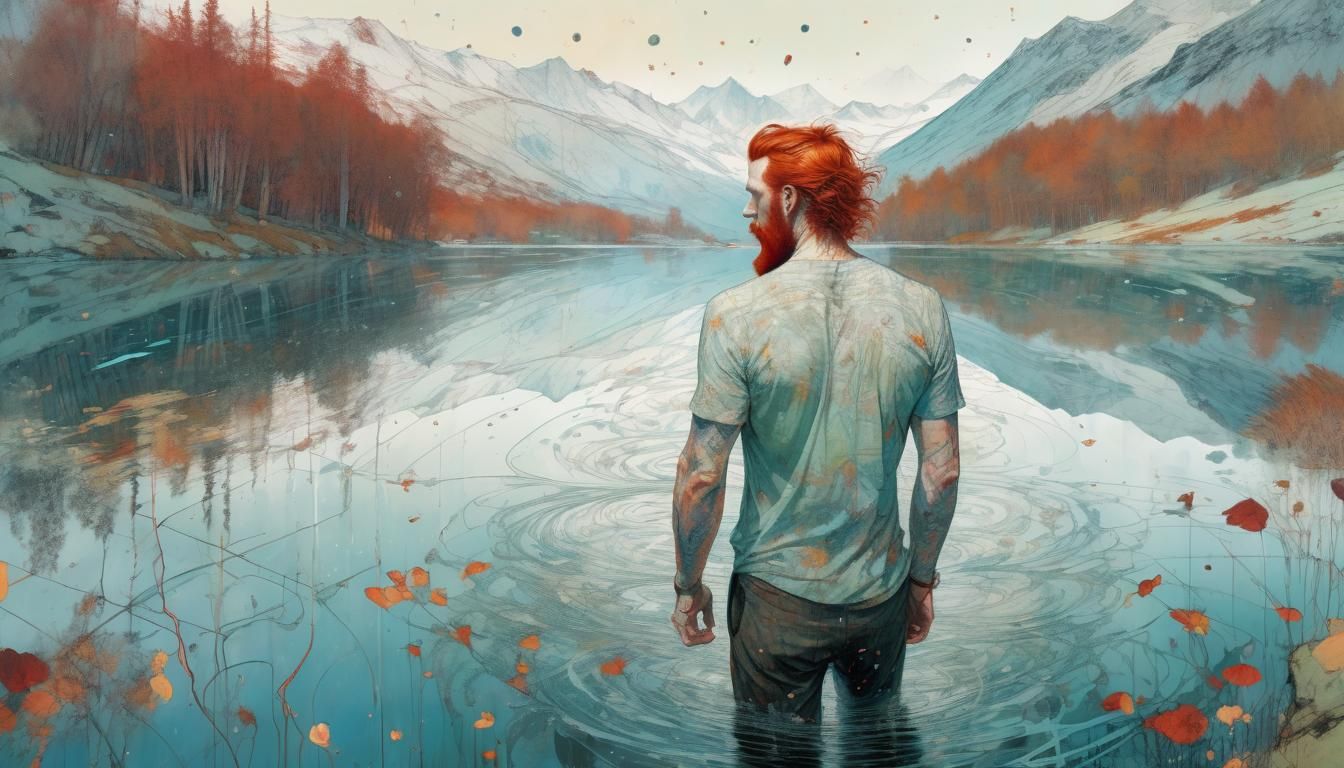 Redhead Hipster Emerges from Nordic Lake: Photorealistic Pai...