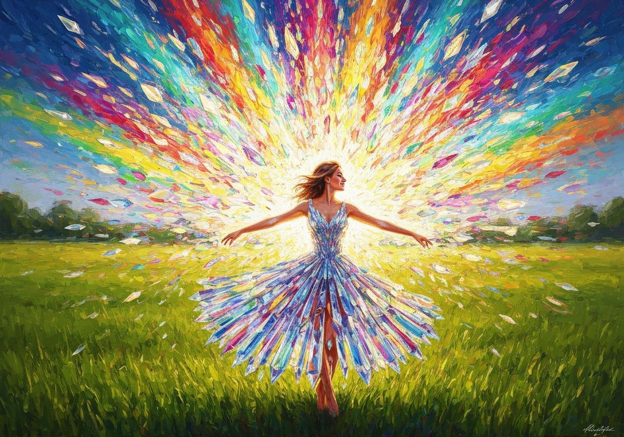 Woman Dancing in Rainbow Prism Dress Amidst Caustic Light