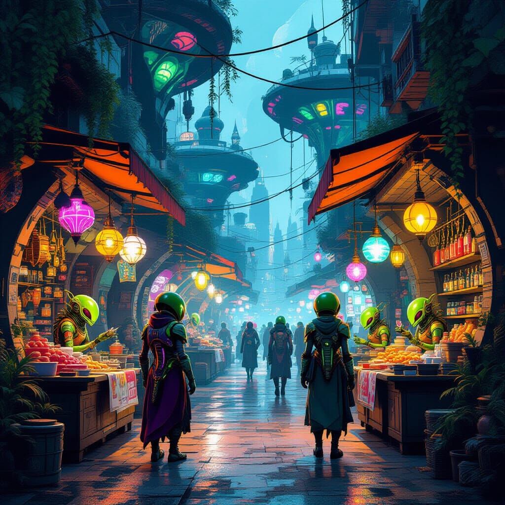 Vibrant Alien Street Market in Graphic Novel Style