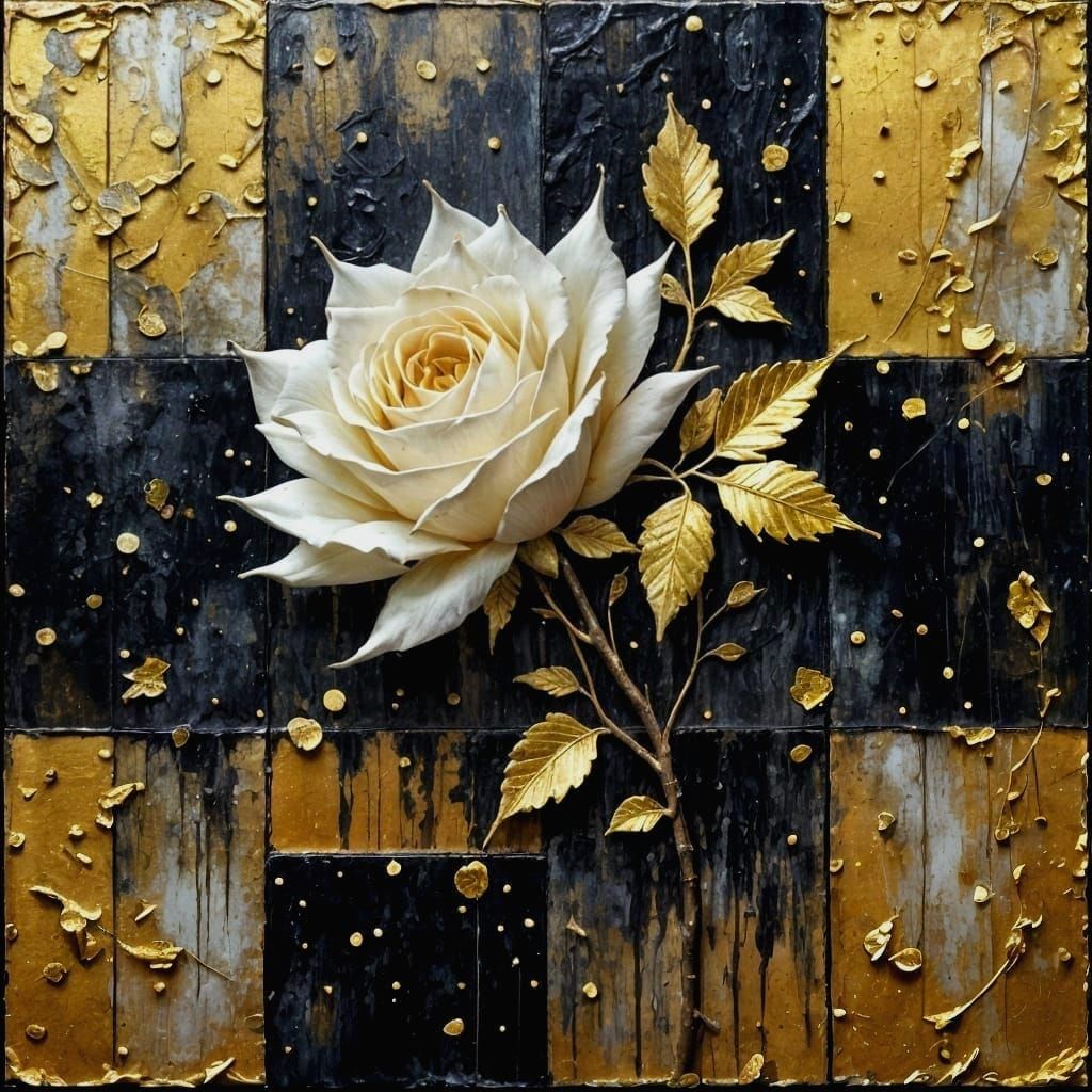 Ornate White Rose with Gold Filigree in Mixed Media Style