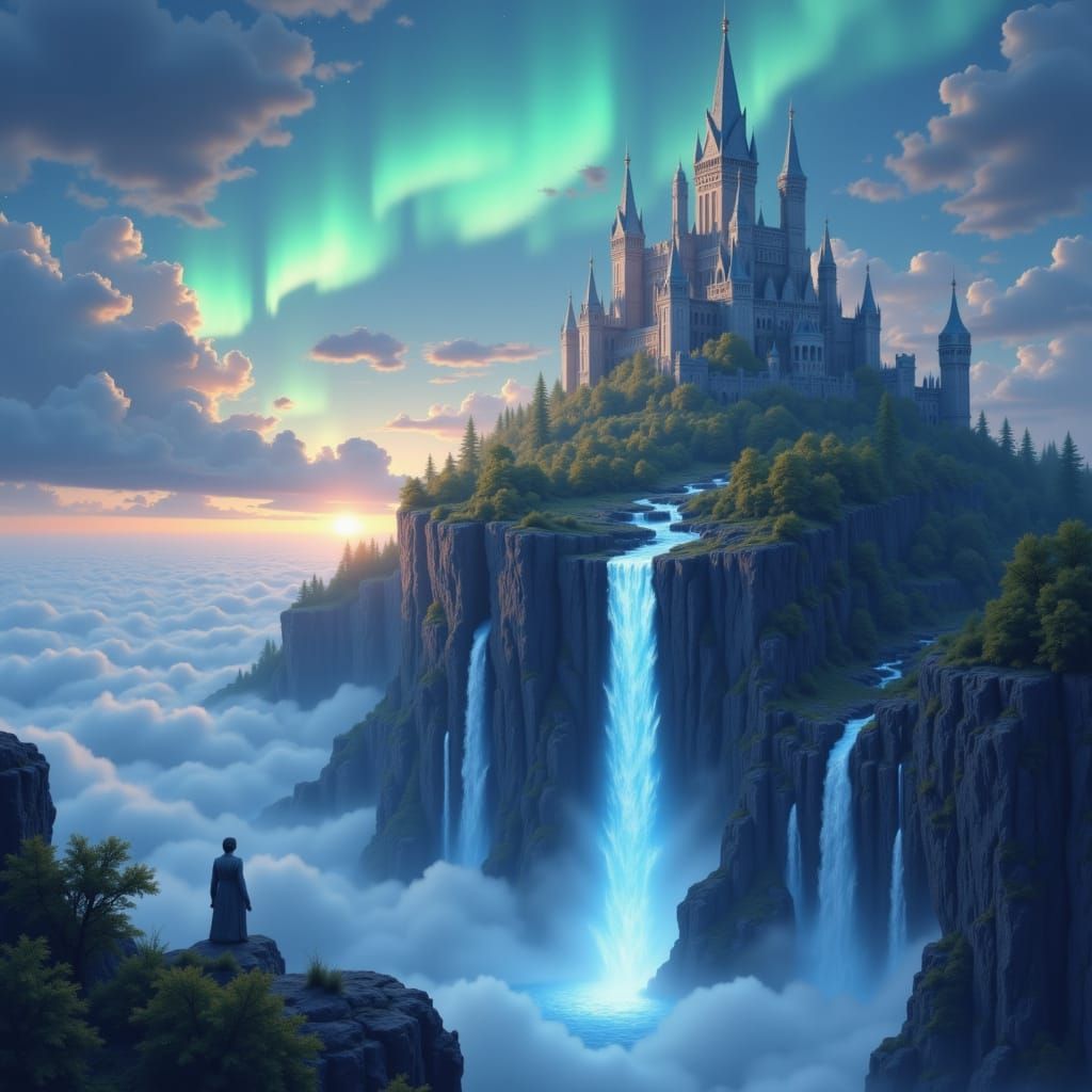 Majestic Floating Castle Under Aurora Sky