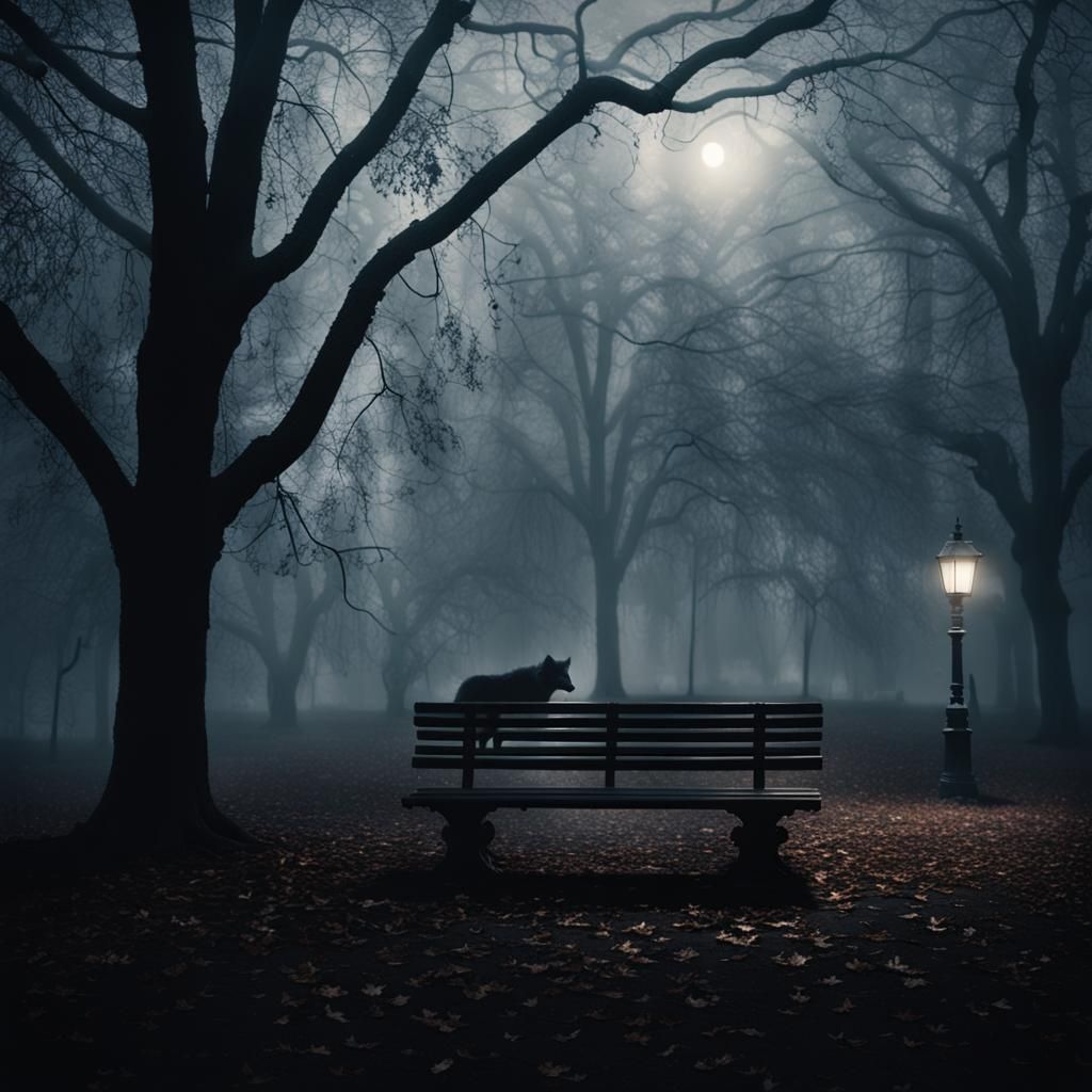 Eerie Victorian Park Scene with Distant Wolf