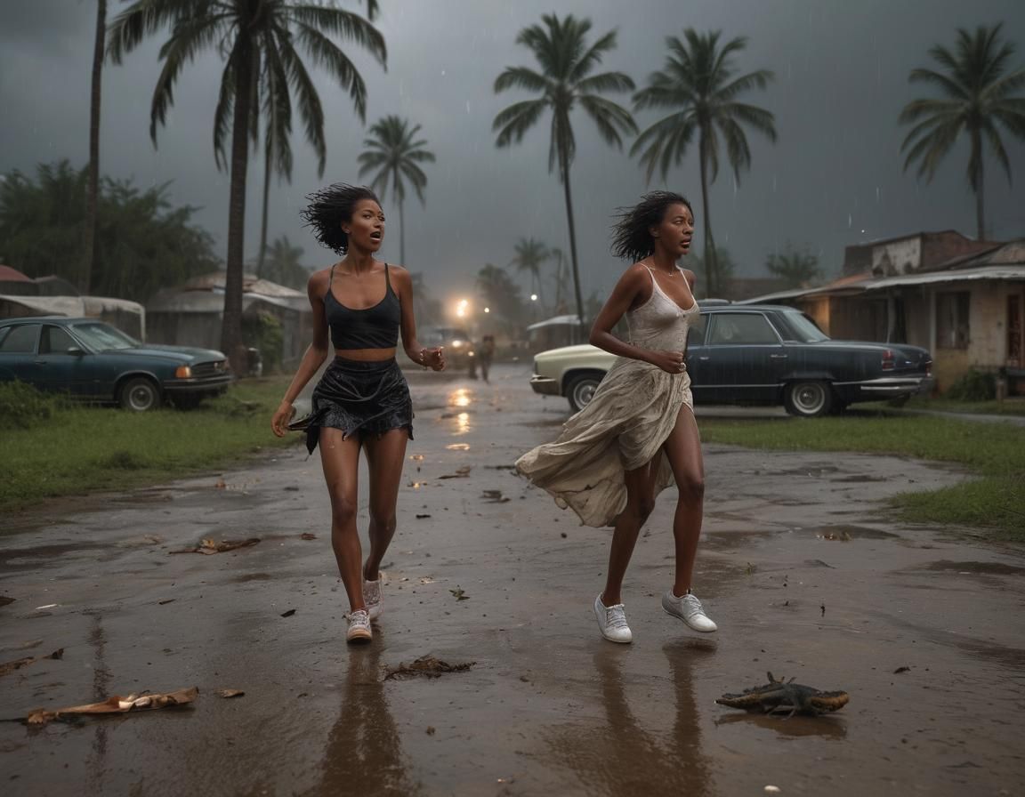 Woman Runs Through Hurricane Debris, Cinematic Photography