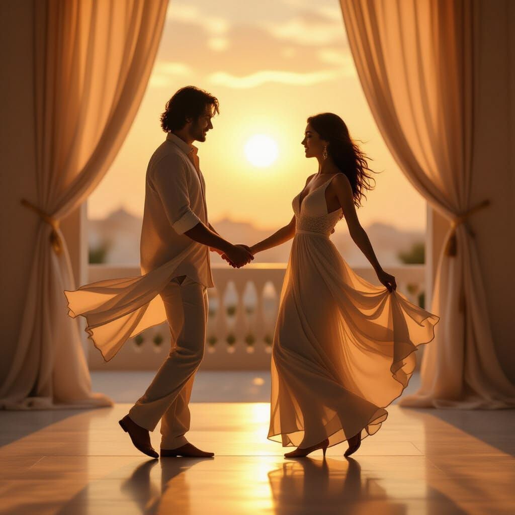 Figures Dancing in Golden Light: A Painterly Scene