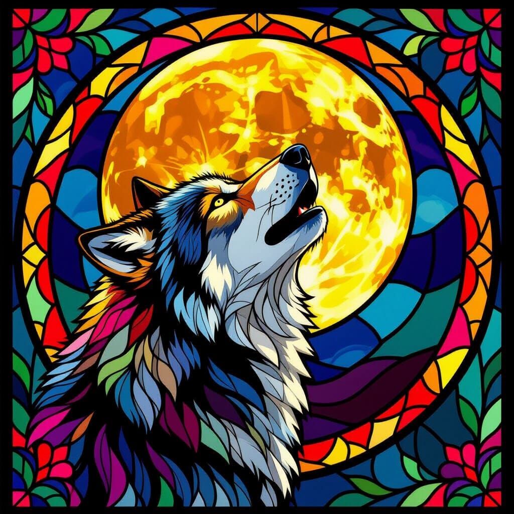 Wolf Howling at Moon in Vibrant Stained Glass Style