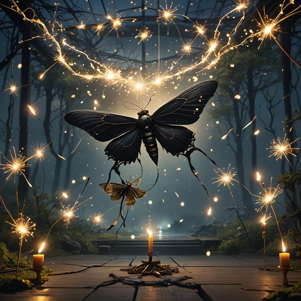 Golden Thread Moth in Candlelight, Detailed Matte Painting