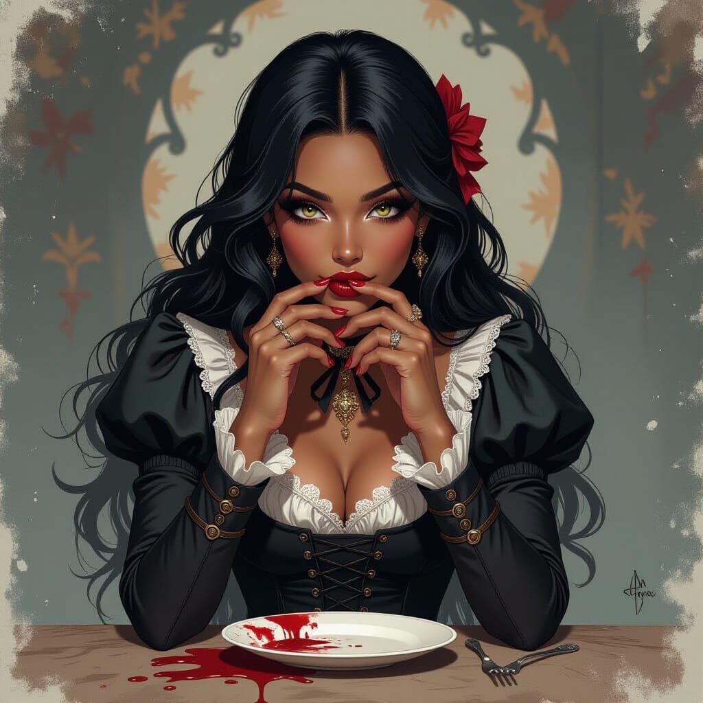 Aswang Licking Blood in Gothic Art Style