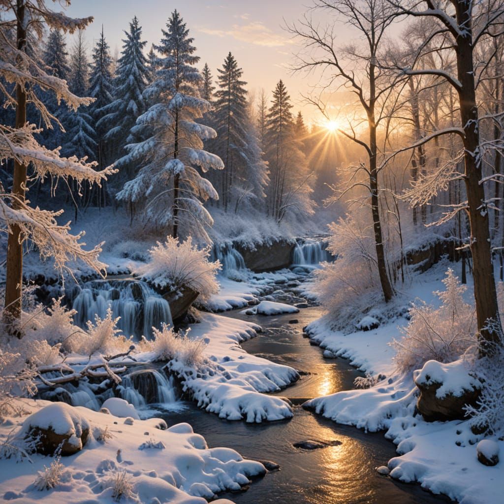 Serene Winter Sunset Over Frosty Forest and Frozen Waterfall...