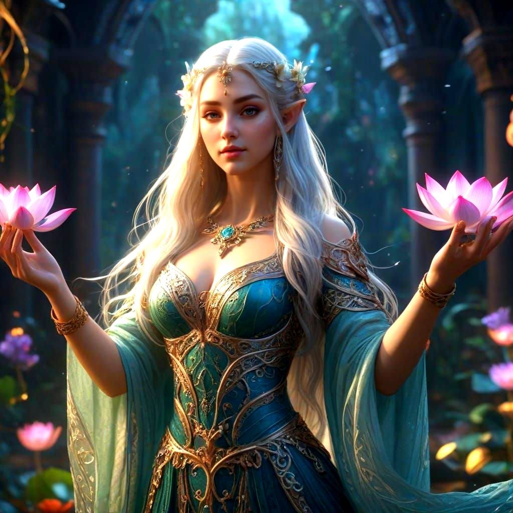 Ethereal Elven Maiden with Lotus Flower in Whirling Colors