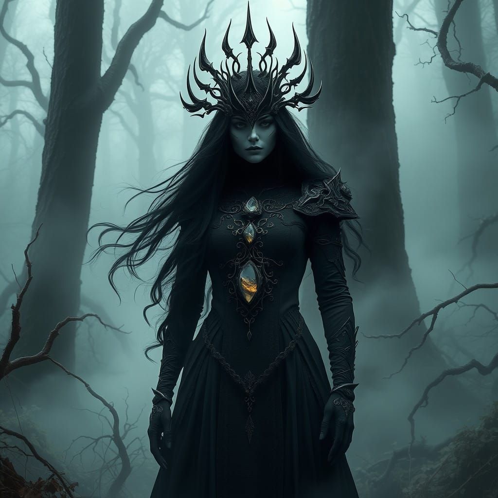 Ethereal Dark Sorceress in Mysterious Forest