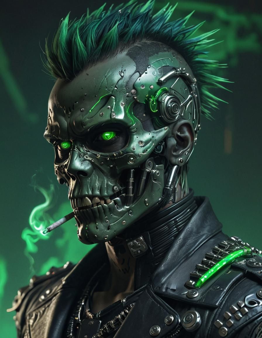 image of a stylized figure that merges human traits with mec...