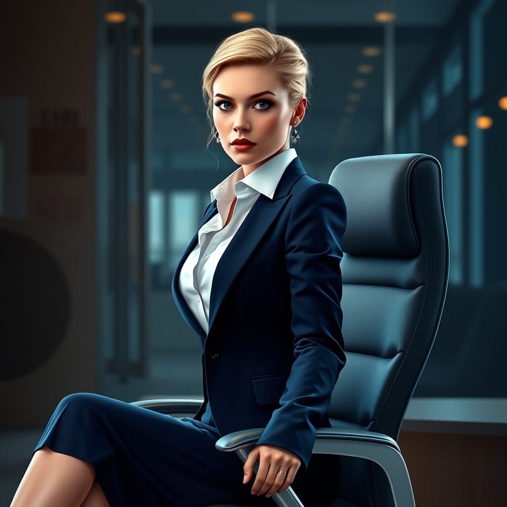 Confident Businesswoman in Navy Blue Skirtsuit